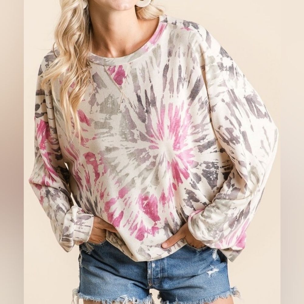 BiBi Tie Dye Print Terry Pull Over Women's Tie-Dye Long Sleeve Top sz Large